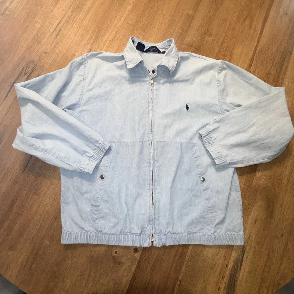 HTF Vintage Mens Polo Ralph Lauren Harrington Jacket Chambray Size M SnapOn Hood